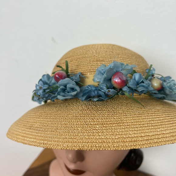 BLUE FLORAL 50’s 50s Cherries Berries & Pearls Vintage Straw Brimmed Sunhat Hat - Picture 7 of 16
